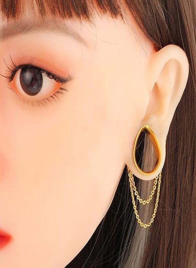Earblity 2PCS Dangle Chain Teardrop Ear Plugs Tunnels Daily 316 Stainless Steel Ear Gauges Expander Stretcher Piercing Body Jewelry 0g-1 inch 8mm-25mm (Gold, 00G(10mm)) - Image 3